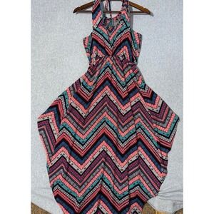 Candie's Geometric Chevron Halter High-Low Romper Maxi Dress Teal Red Black